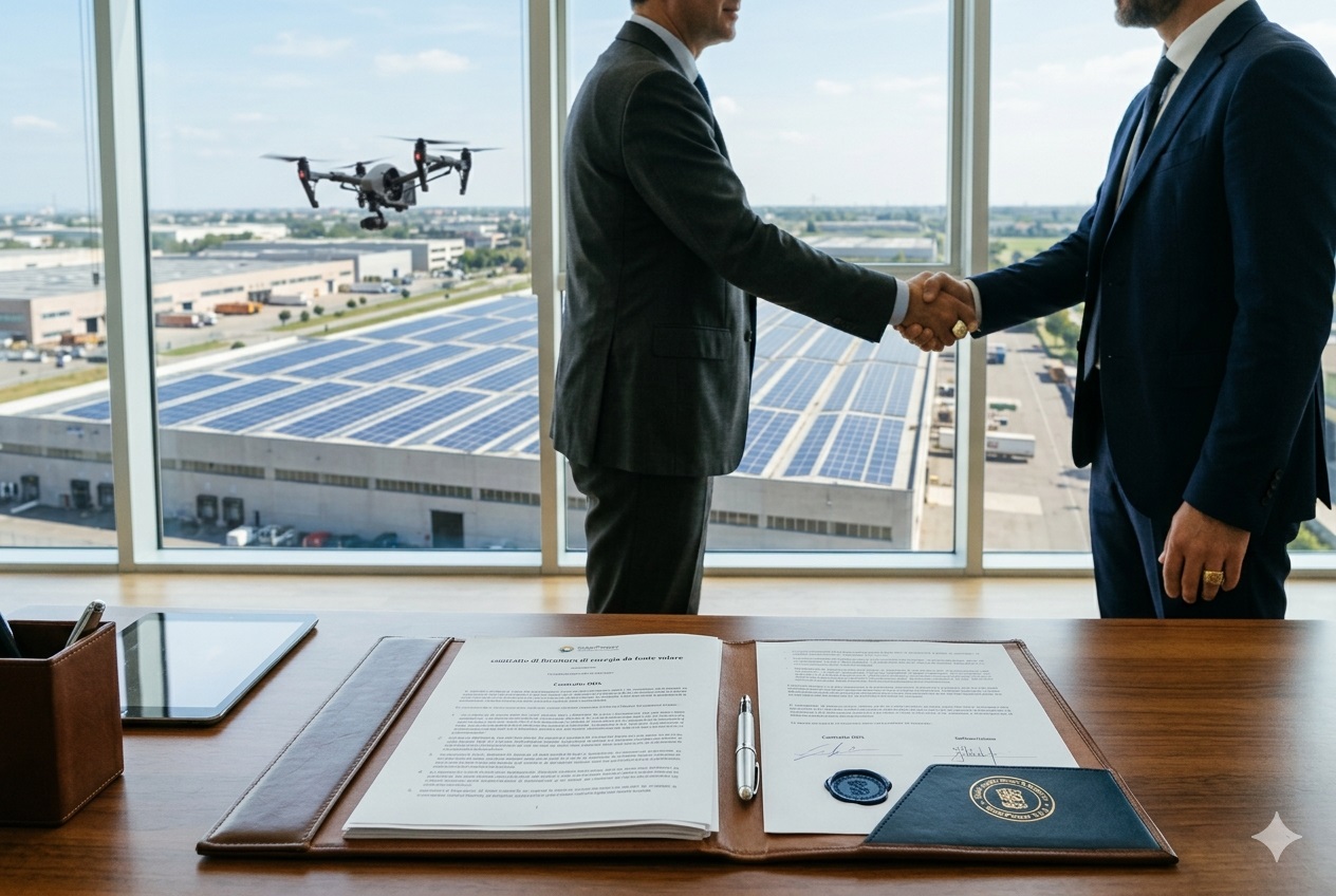 Tecnico durante un sopralluogo su una copertura industriale per la valutazione fotovoltaica